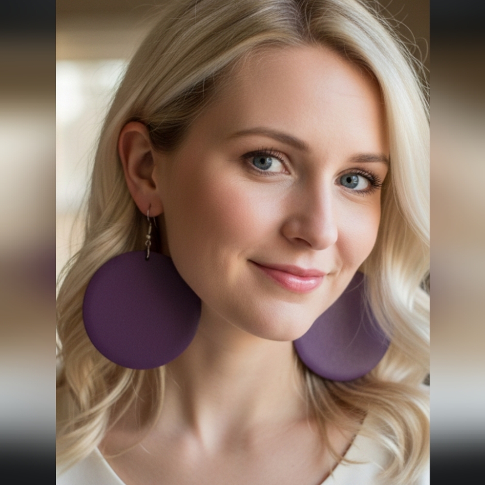 Round wooden earrings, super lightweight, Yellow circular earrings, 6.5 cm long.